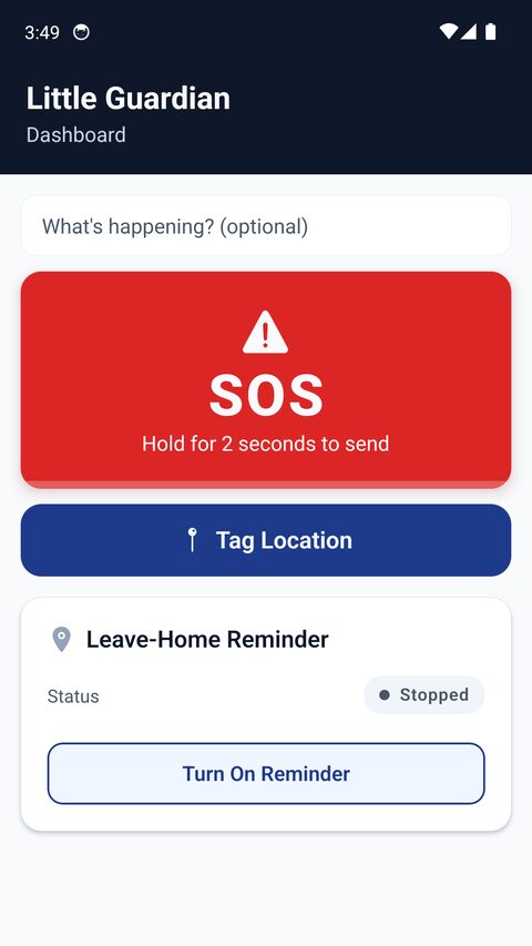 The Little Guardian dashboard screen, showing the hold-to-send SOS button and the Leave-Home Reminder, currently stopped, with a Turn On Reminder button.